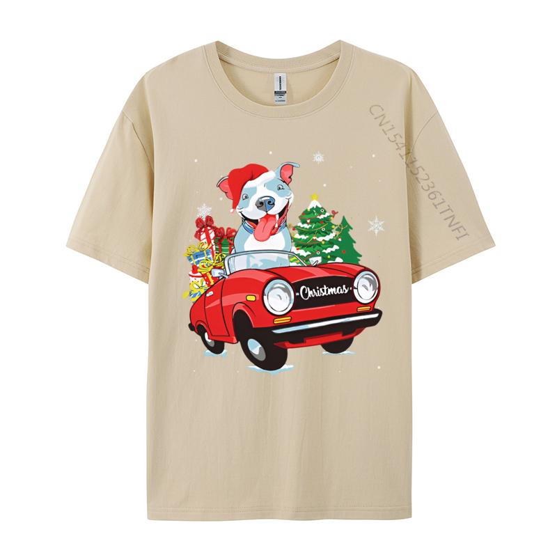 Cute Pitbull Dog Santa Hat Red Car Christmas T Shirt Tees High Quality Cotton Printed Gift T Shirt Men 100 Cotton
