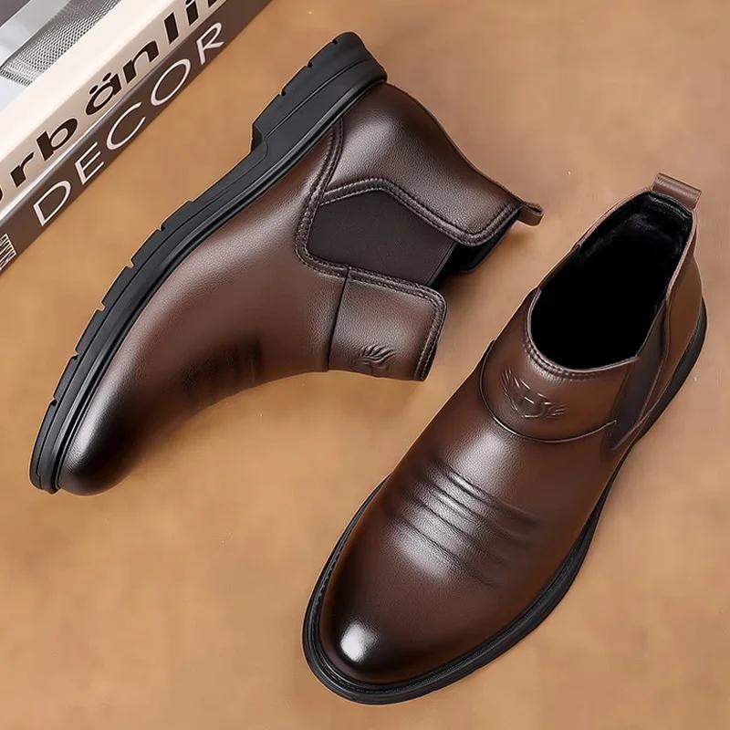 Pánské kotníkové boty ležérní kožené boty na zip kulatá špička módní obuv zimní kožíšek univerzální pánské kotníkové boty nazouvací společenská obuv