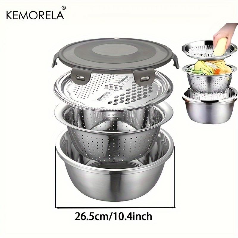 4-in-1 Rice Washer Colander - Kitchen Vegetable Grater Bowl with Strainer Lid, Multifunctional Food Strainer for Washing Rice