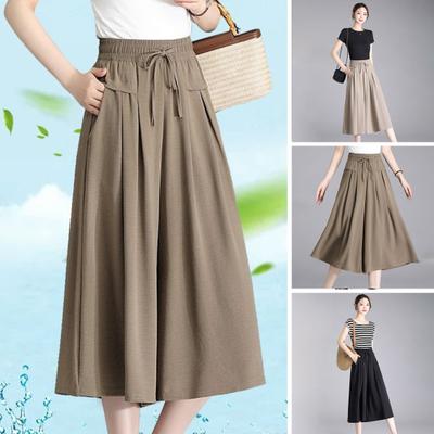 Women Casual Pants Elastic High Waist Adjustable Lace-up Wide Leg Cropped Pants Solid Color Loose Fit Lounge Culottes