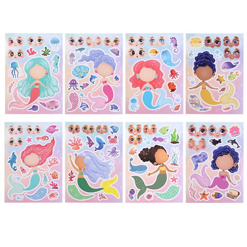 8Sheets Make Your Own Mermaid Stickers For Kids Funny Make a Face Jigsaw Children Girls Puzzle Sticker DIY Games Party Favor