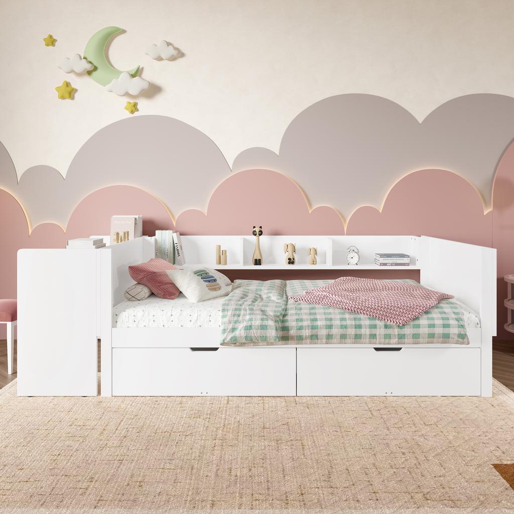 Low Bed, Wooden Bed, 90x200cm, with Desk, Equipped with 2 Drawers, Single Bed(Without Mattress), with Shelves, Pine+Chipboard, white