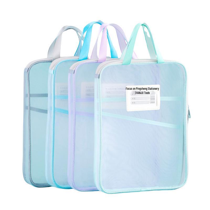 Korean Handheld L-Shaped Mesh Zipper File Bag - Large Opening for Student Book Carrying & Discipline Classification