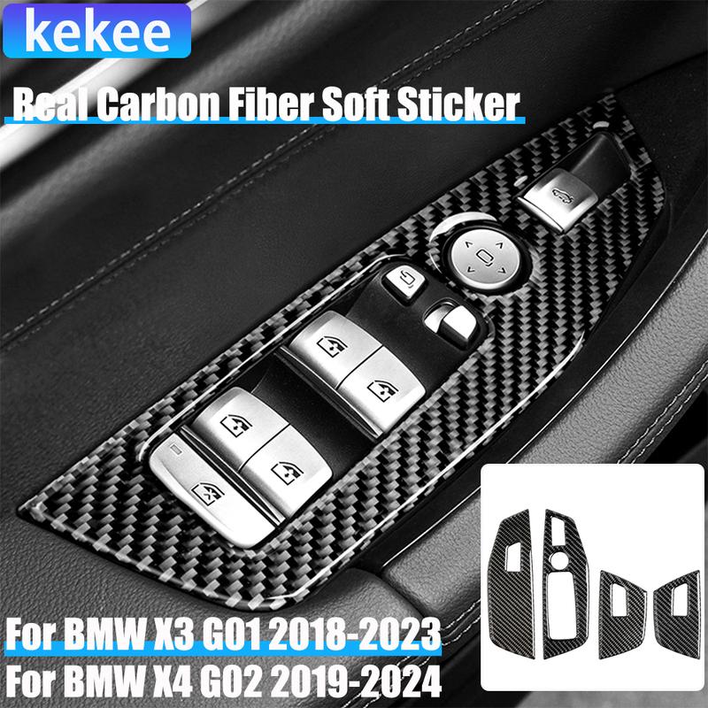 Real Carbon Fiber Car Accessories Window Lift Control Decorative Cover Soft Sticker For BMW X3 G01 2018- X4 G02 -2024