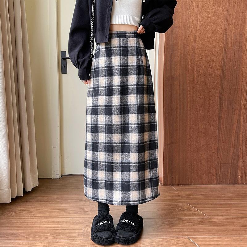 

Tweed Package Hip Skirt Autumn and Winter Retro 2025 New Mid-length Skirt Women s Versatile High-waisted Skinny A-line Plaid Bustier S