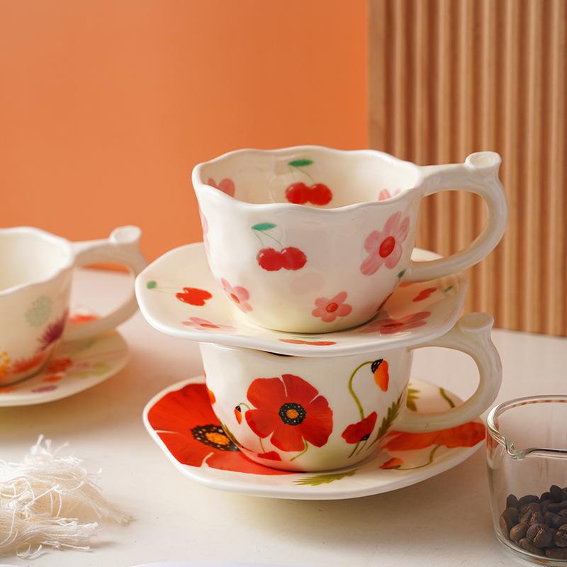 Exquisite Hand-painted Flower Ceramic Cup and Plate Set, Cute Coffee Mug, Office Breakfast Oat Milk Cups, Couple Christmas Gift