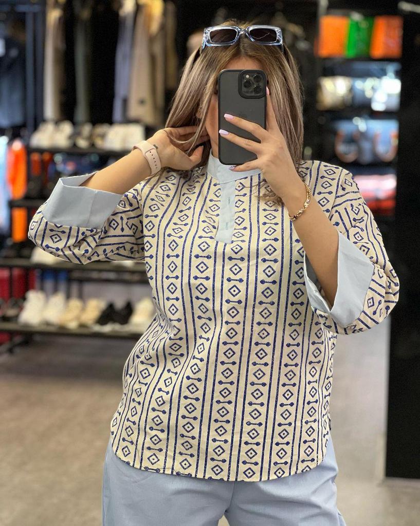 2025 Women's Fashion Set: Cotton Linen Print Top & High Waist Seven-Point Pants with Color Block Patchwork
