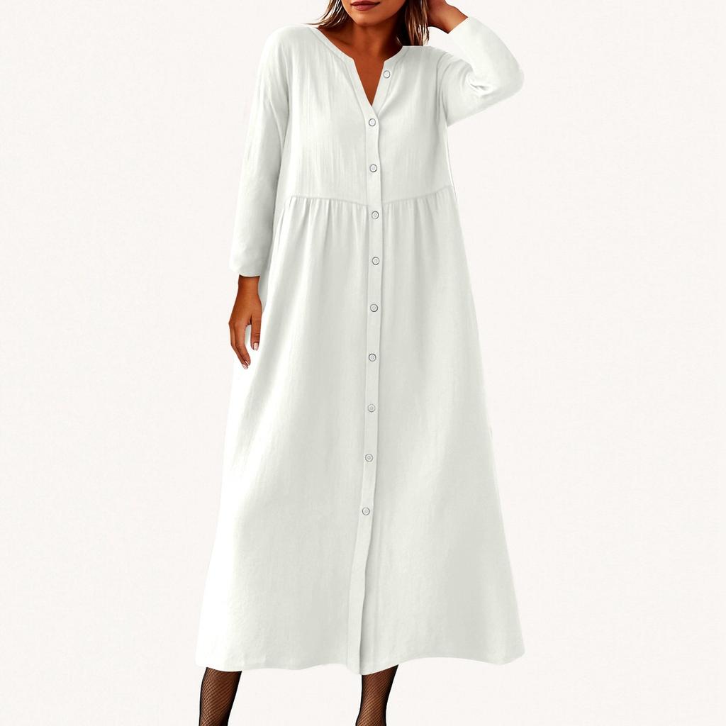 Women's Fashionable Solid Color Round Neck Seven Quarter Sleeve Button Loose Shirt Dress