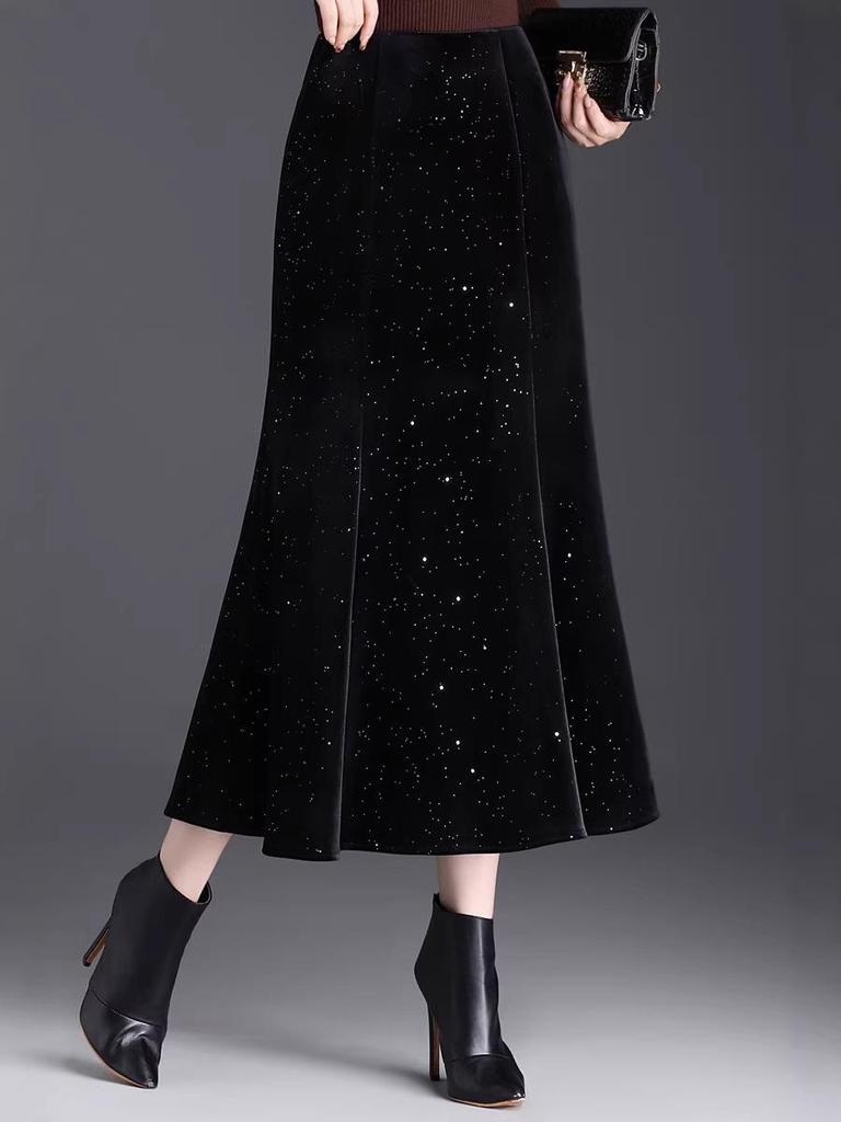 Black Velvet Sequin Fishtail Skirt - 2026 Spring High-Waisted Bodycon Skirt for Commuting