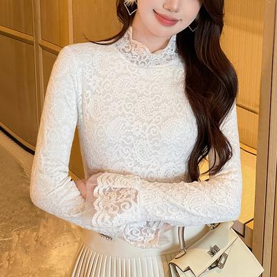 Camicia Base in Velluto Bianco e Pizzo per Donna in Autunno e Inverno Maniche a Pattina Top alla Moda Collo Alto Mezzo Collo Camicia di Temperamento