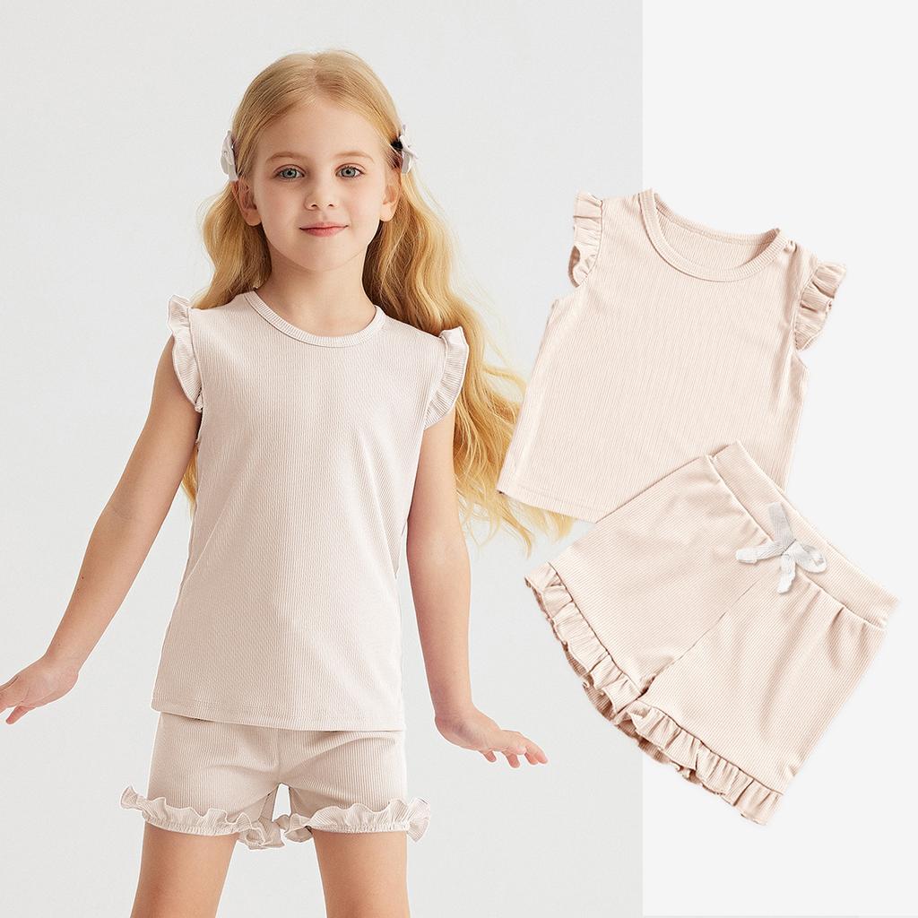 Girls' Solid Color Short Sleeve Shorts Set 2025 Summer Children's Fashion Set