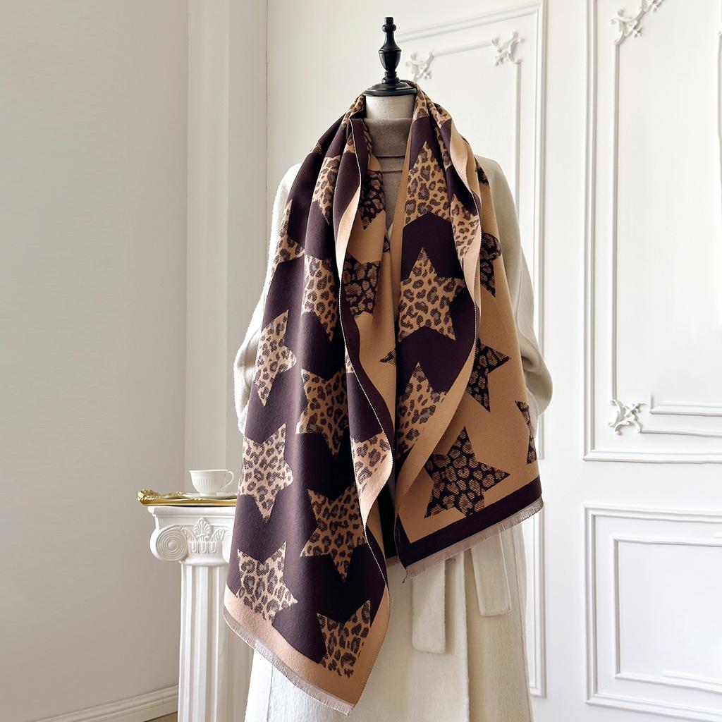 Ladies' Luxury Thickened Winter Scarf - Two-Sided Leopard Print & Star Design Faux Cashmere Jacquard Wool Pashmina Wrap