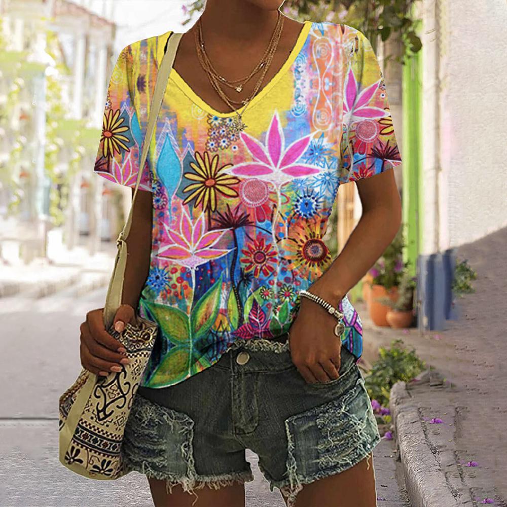 Summer V-neck 3D Printed Colorful Floral Graphics Top Fashionable Casual Short Sleeved Women's T-shirts