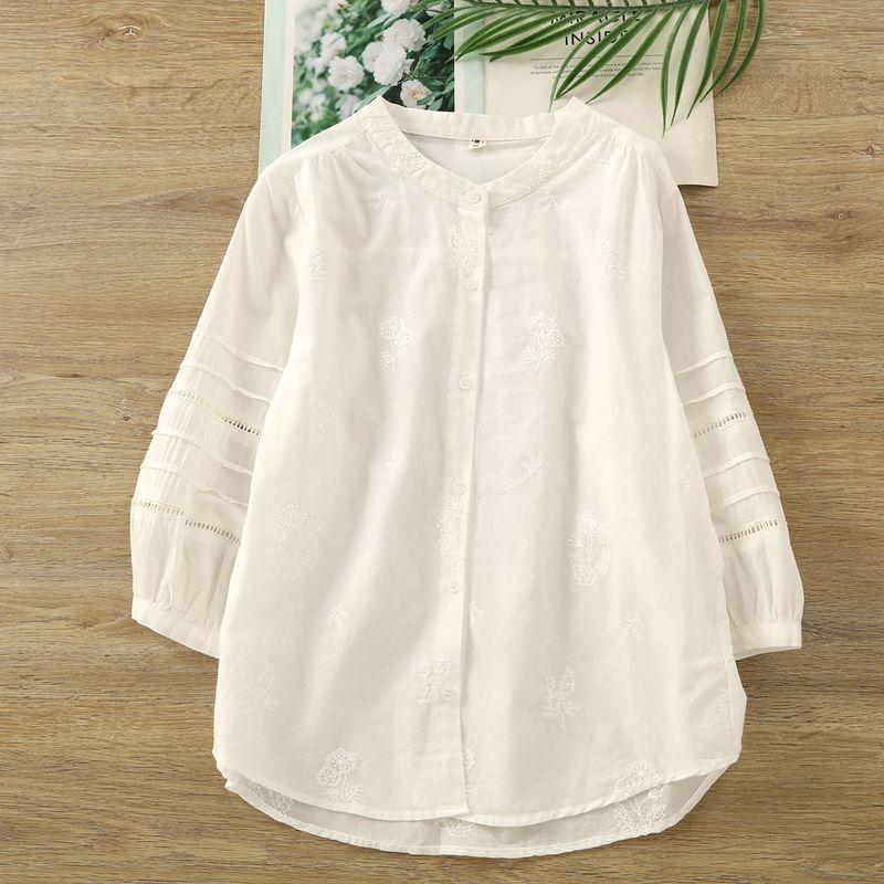 

Summer New Hollow Embroidered Three-Quarter Sleeve Cotton Shirts Women Mori look Artistic Casual Solid Shirt Loose Top White M