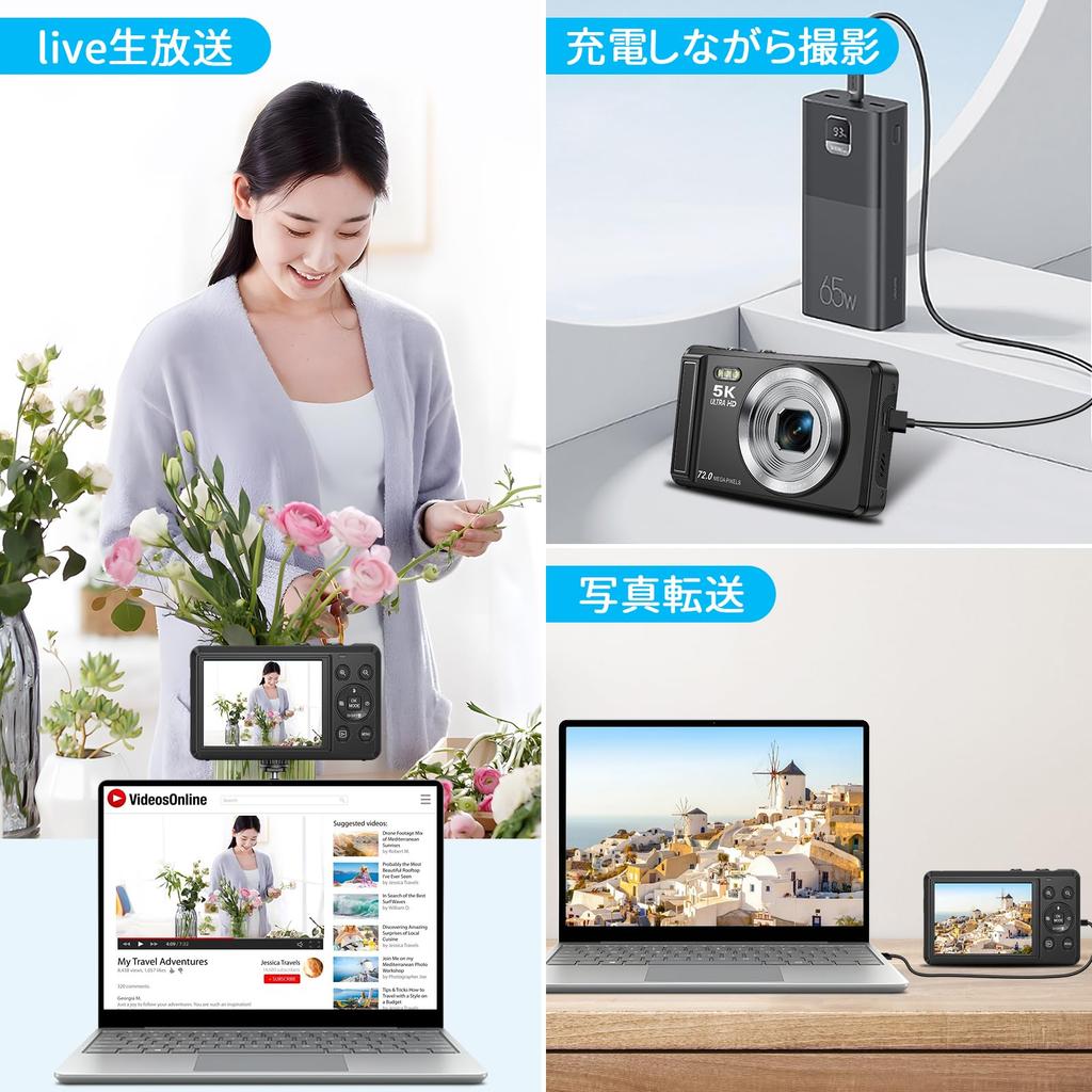 5K 72MP Digital Camera with AF Autofocus, 16x Digital Zoom, 2.8-inch Screen, Timed Shooting, Built-in Flash, Selfie Capability, 32GB Micro SD Card