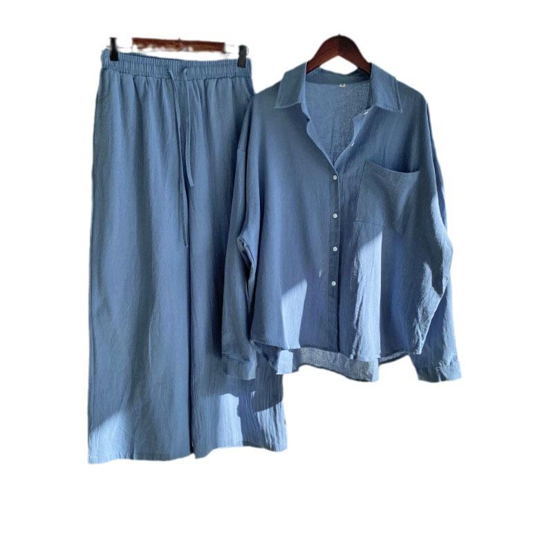 Women's Retro Plus Size 2-Piece Set: Cotton Linen Shirt & High Waist Wide Leg Pants