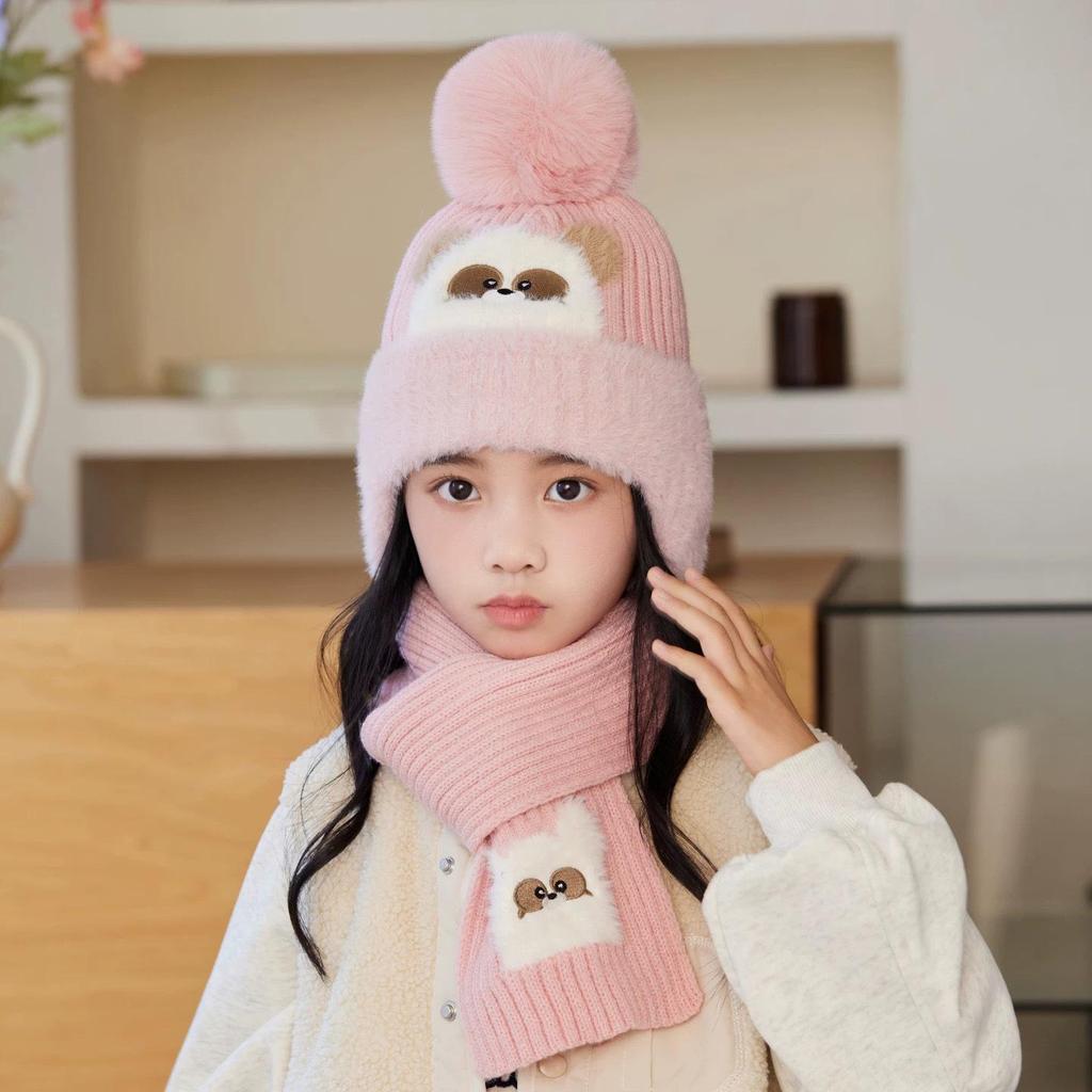 Children's Wool Hat and Scarf Set with Warm Ear Protection and Thick Baby Cartoon Pullover Cotton Lining, for Boys and Girls.