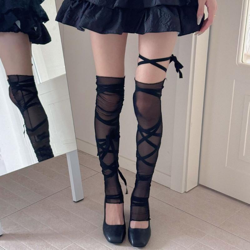 Scaldamuscoli Estetici da Donna a Rete Fino alla Coscia con Laccetto in Raso Stile Balletto Allacciati Calze Lunghe Senza Piedi Coprigambe Maniche