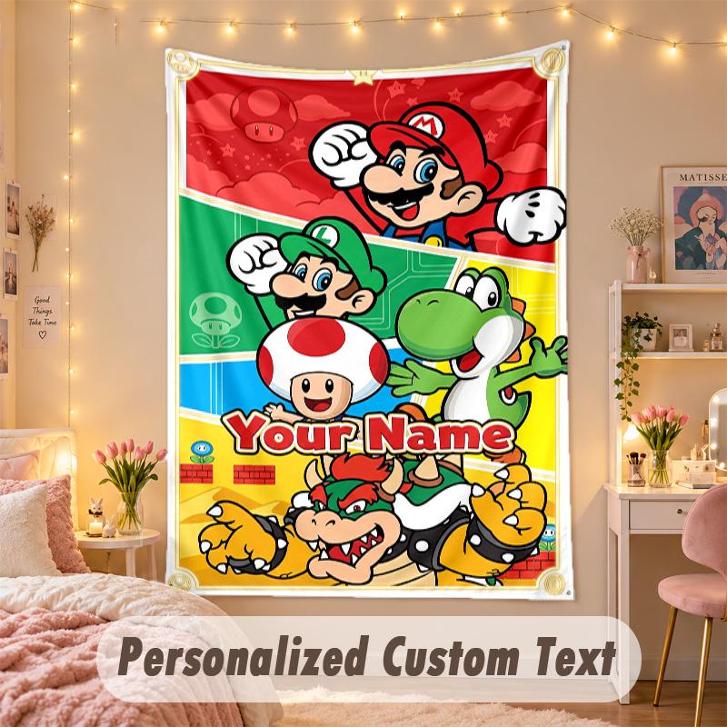 Custom Personalized Tapestry,Super Mario Print Custom Name Text Wall Art Hanging for Bedroom
