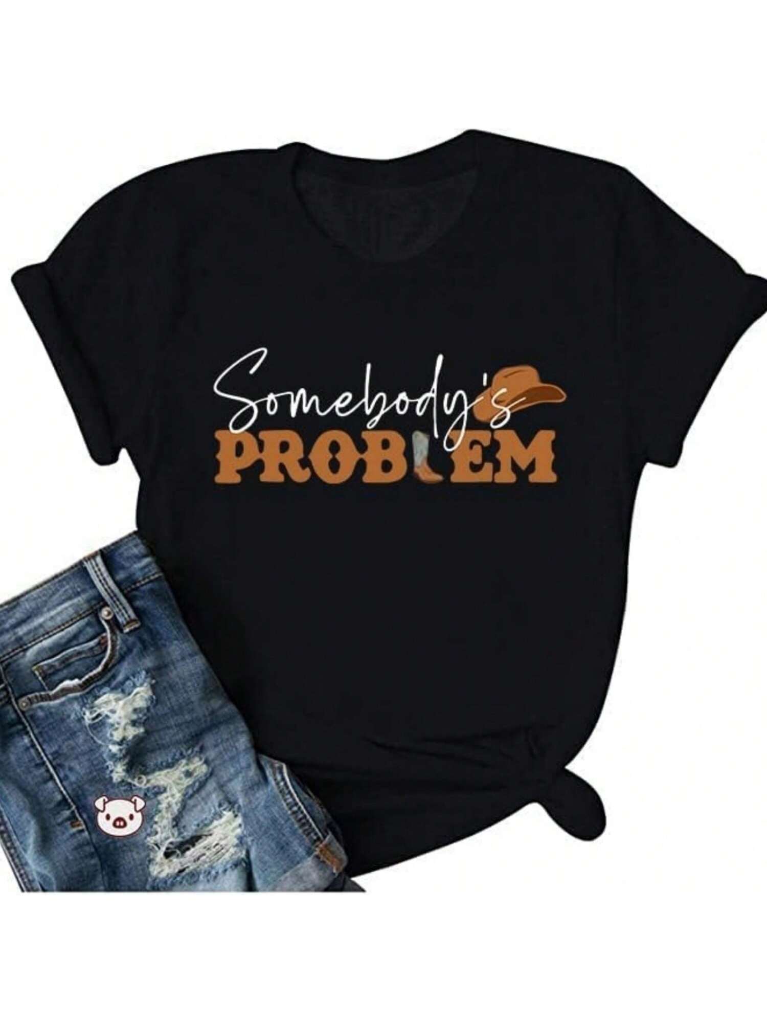 Country Music Shirts For Women Somebody s Problem Letter Print T-Shirts Cute Western Cowgirl Hat Graphic Tee S