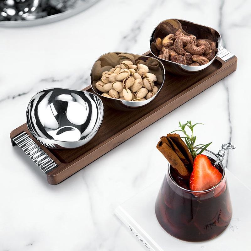 Luxury Wooden Snack Dish with Stainless Steel Bowl