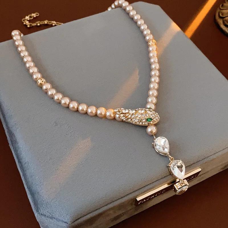 Vintage Serpentine Rhinestone Pearl Earrings Necklaces For Women Accessory