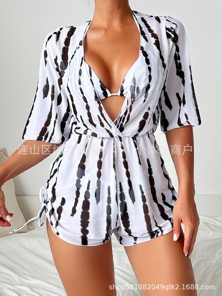 Swimsuit Beach Sunscreen Tropical Plant Printed Blouse Swimsuit Women's Three-piece Neck Bikini