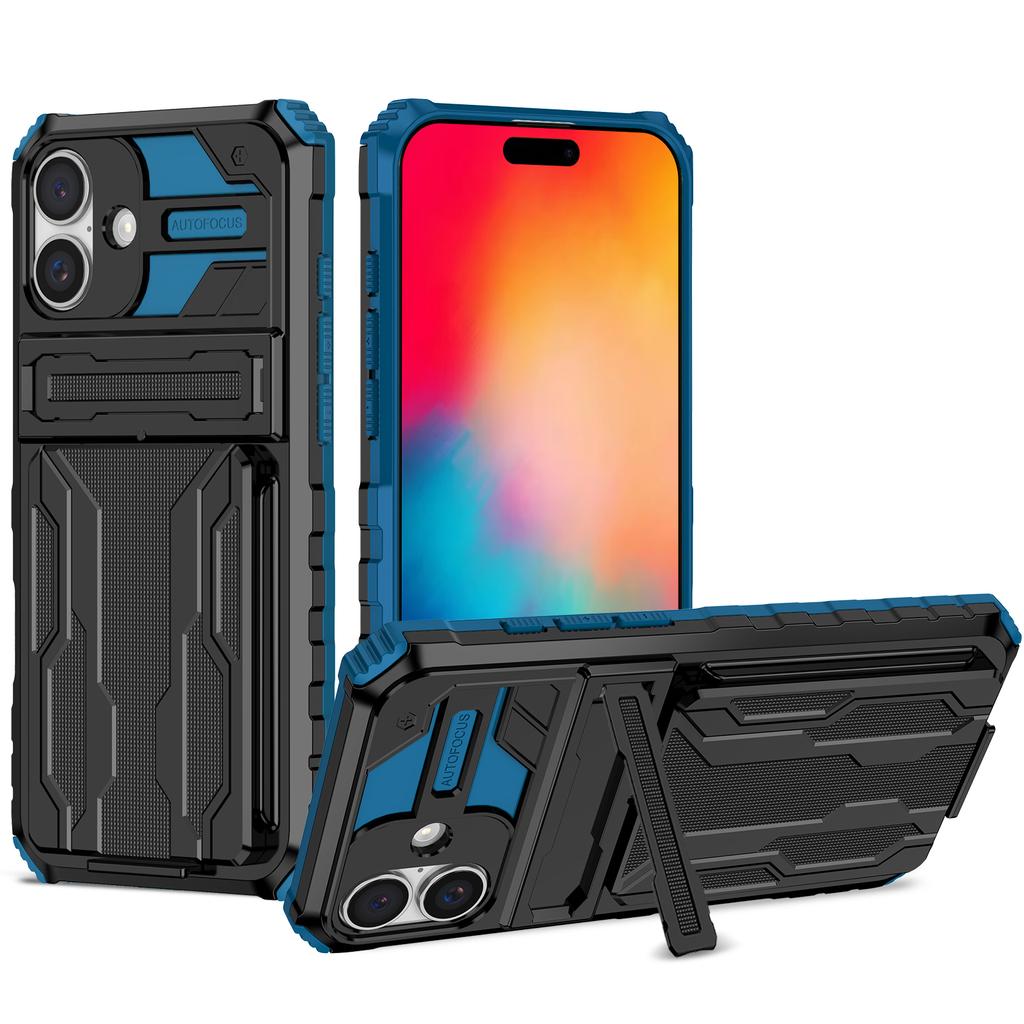 For iPhone 16 Case with Card Holder PC + TPU Phone Back Cover Kickstand
