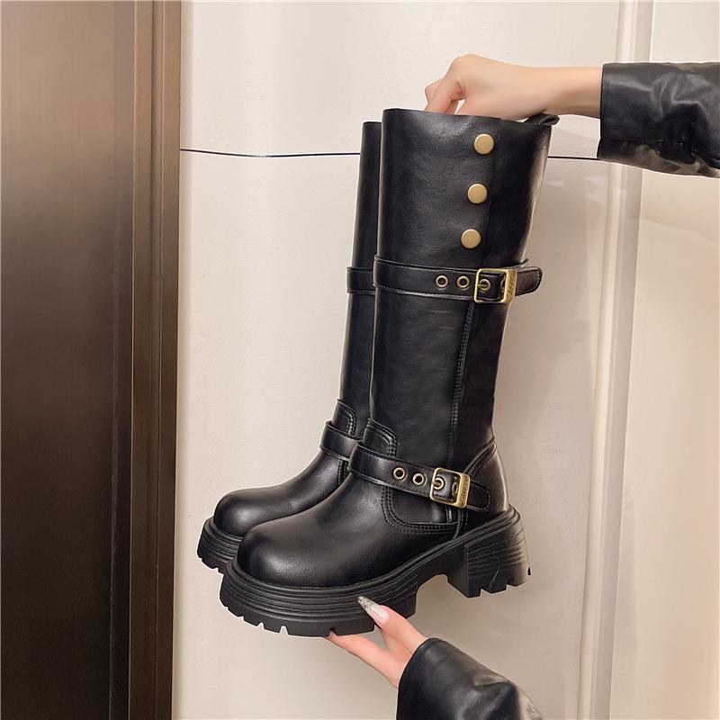 Stylish Block Heel Single Boots Autumn New Round Toe Studded Platform Sleeve Non-Slip Mid-Leg Boots
