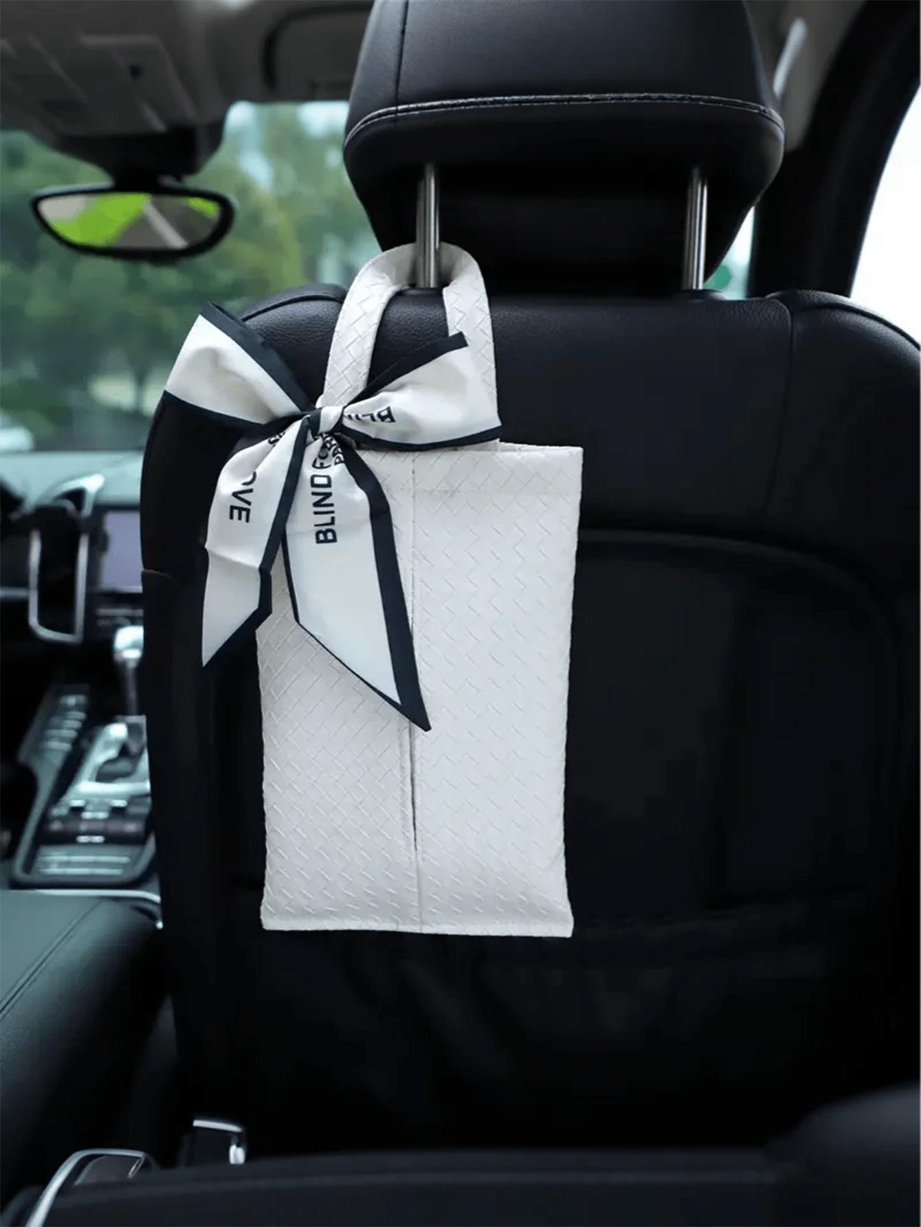 

Luxury Woven PU Leather Car Tissue Box - Multifunctional Headrest Dispenser with Elegant Bow, Cream & Black Pattern белый