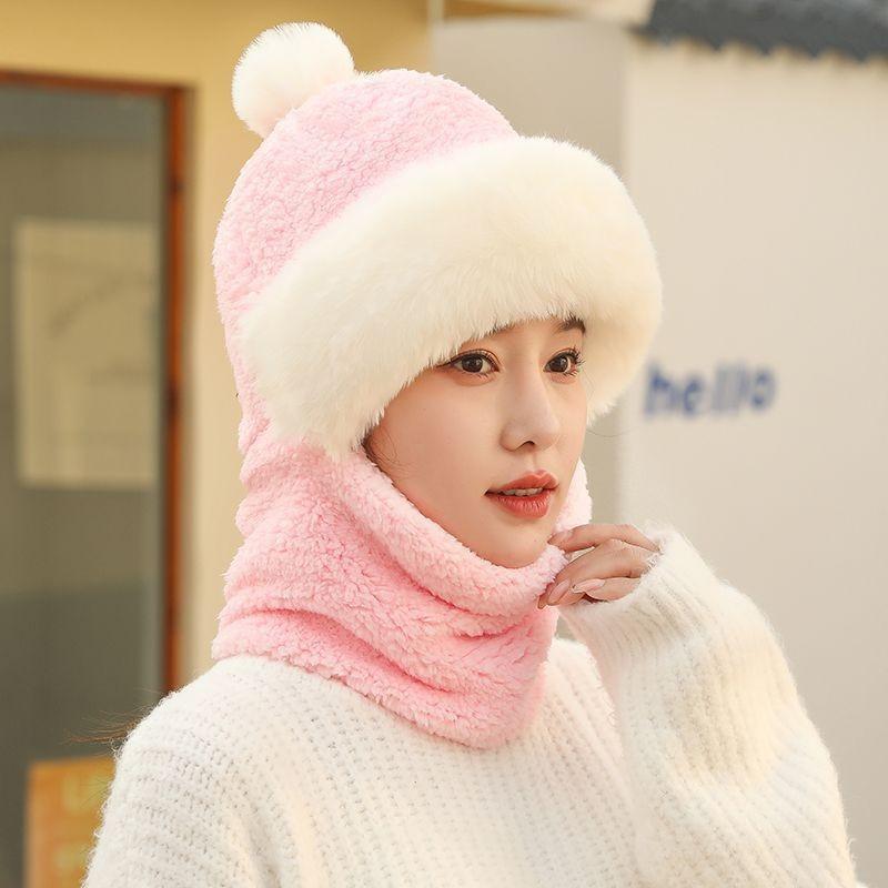 New hat women's autumn and winter warm neck protection thickened squirrel velvet women's wind and snow scarf integrated hat knitted cold protection