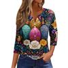Women's Fashion Casual Easter Printed V-neck Short Sleeve Decorative Button Seven Sleeve T-shirt Top