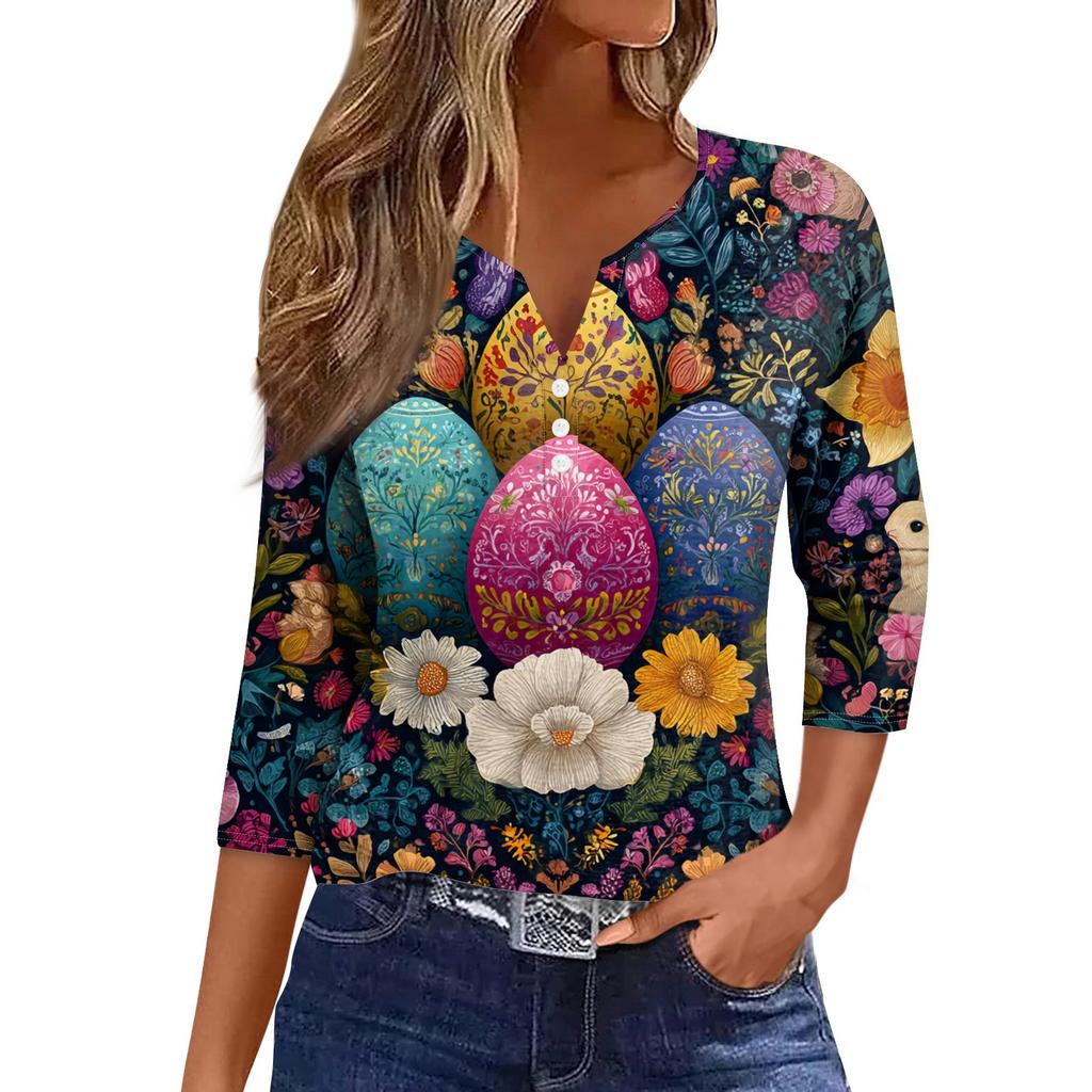 Women's Fashion Casual Easter Printed V-neck Short Sleeve Decorative Button Seven Sleeve T-shirt Top