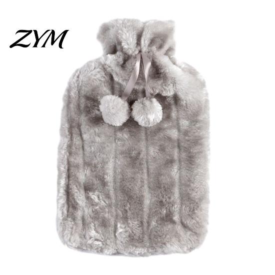 Reusable Hot Water Bag 2L Bottle with Plush Cover, Pompom Drawstring Explosion Proof Bag, Winter Warm for Hands, Feet, Stomach 2000ML