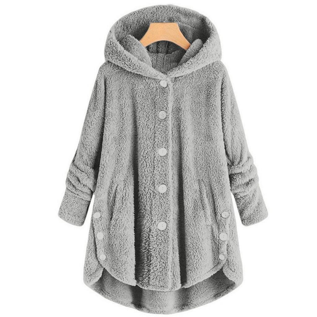 Women Plus Size Button Plush Tops Hooded Loose Cardigan Wool Coat Winter Jacket