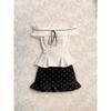Women's Trendy Summer Set: Off-Shoulder Ruffled Top & Polka Dot High-Waisted Midi Skirt.