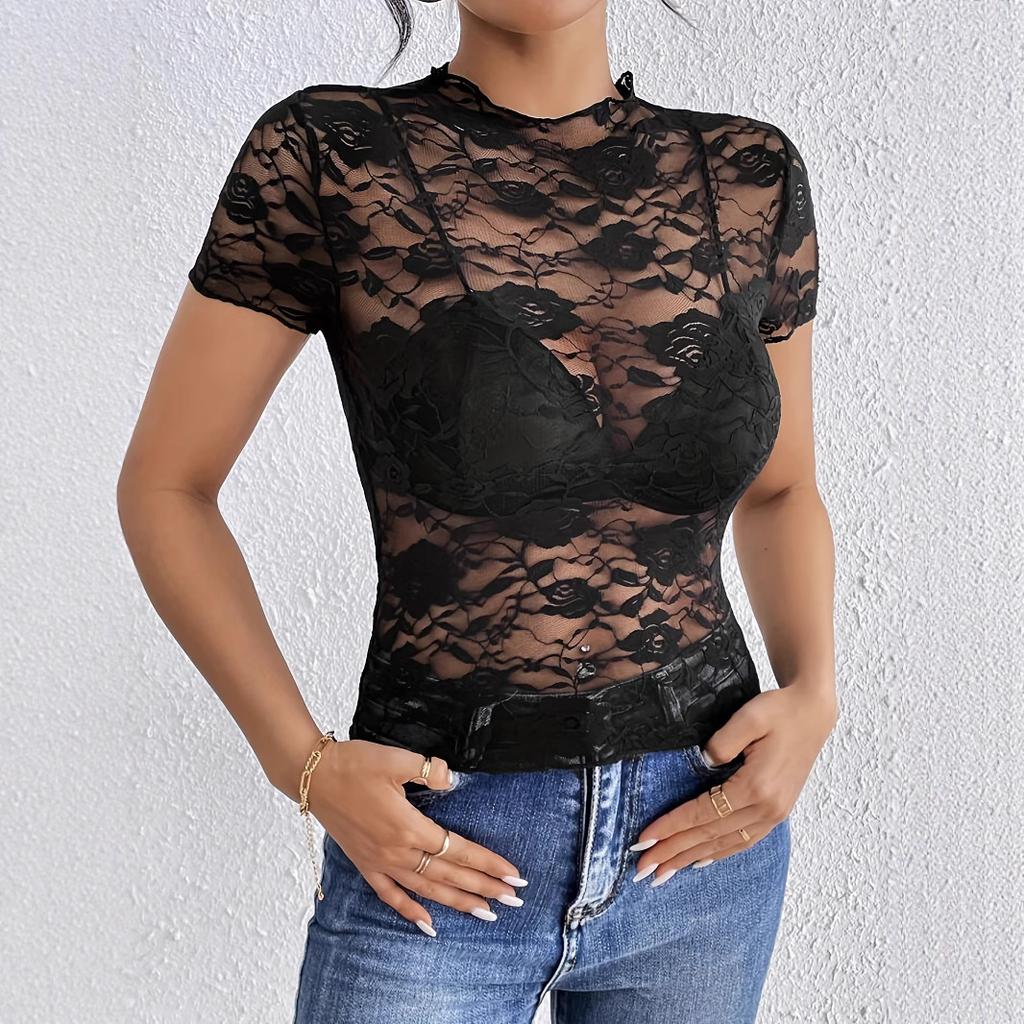Summer New Style Round-neck Single-layer Lace Slim-fit T-shirt for Women with A Small Collar