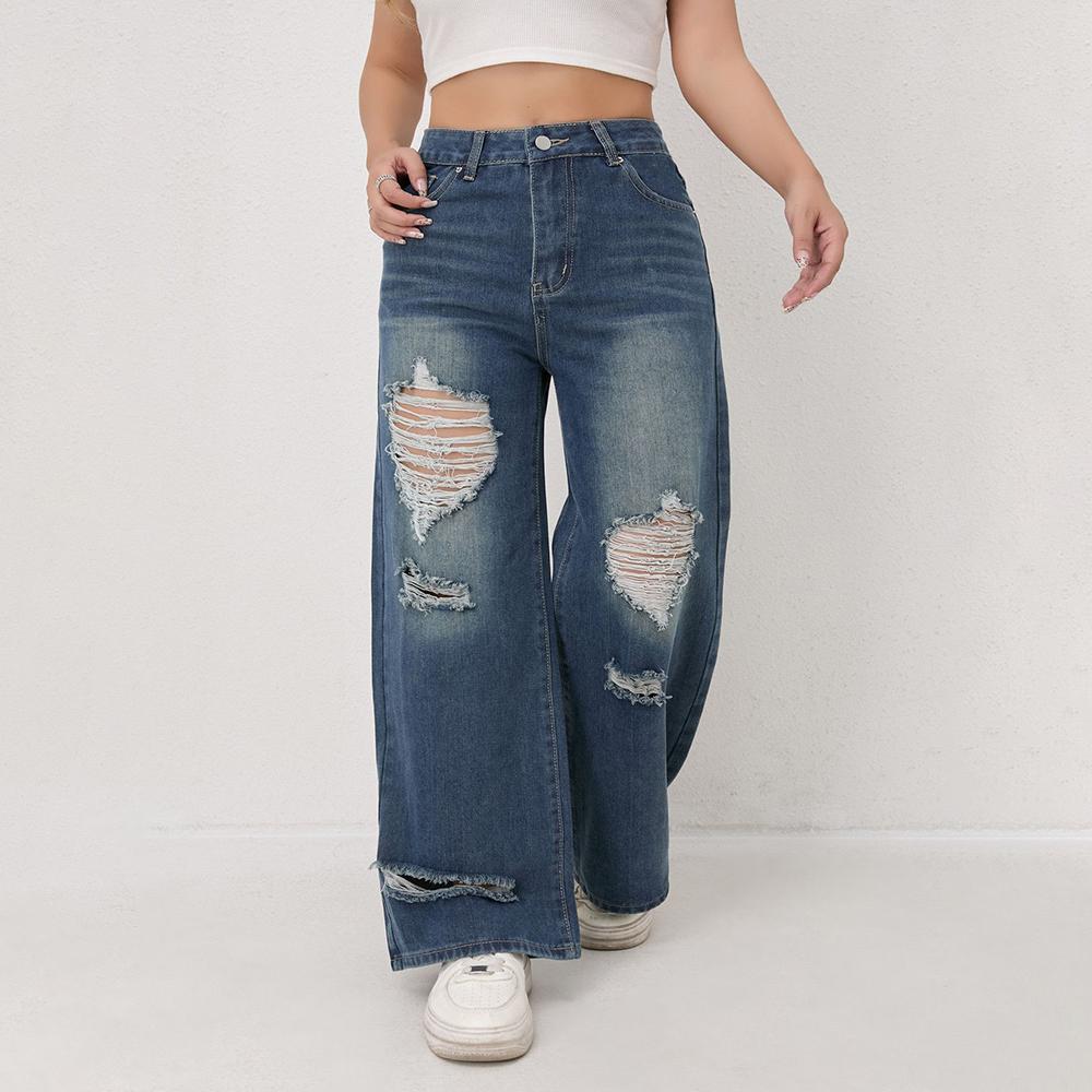 

Puffanpop Women s Ripped Jeans High Waisted Straight Leg Jeans Vintage Wash Denim Pants XXL синій
