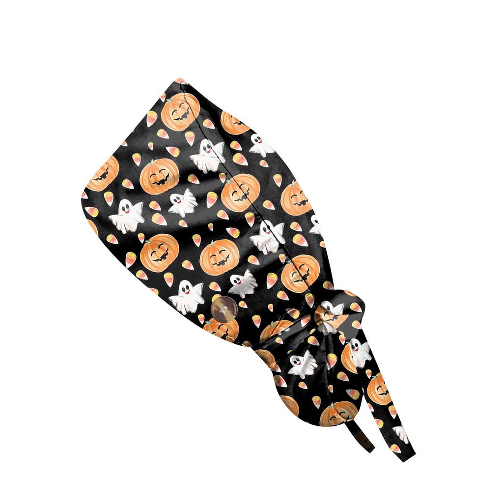 Halloween Print Medical Scrub Cap Nurse Surgical Hat 100% Cotton Tieback Straps Hospital Veterinary Doctor Dentist Skullcap