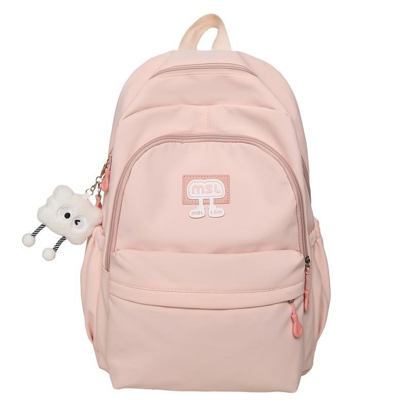 Solid Color Letter Decoration Student Backpack With Plush Pendant For School Use