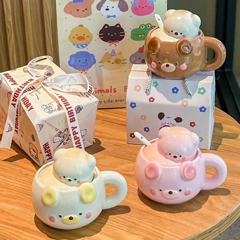 Cute Cream Bear Cup, Girls Ceramic Mug, High-value Souvenir, Practical Birthday Gift for Girlfriends