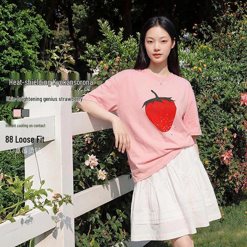 Ledin Cooling Strawberry Embroidered Loose T-Shirt S