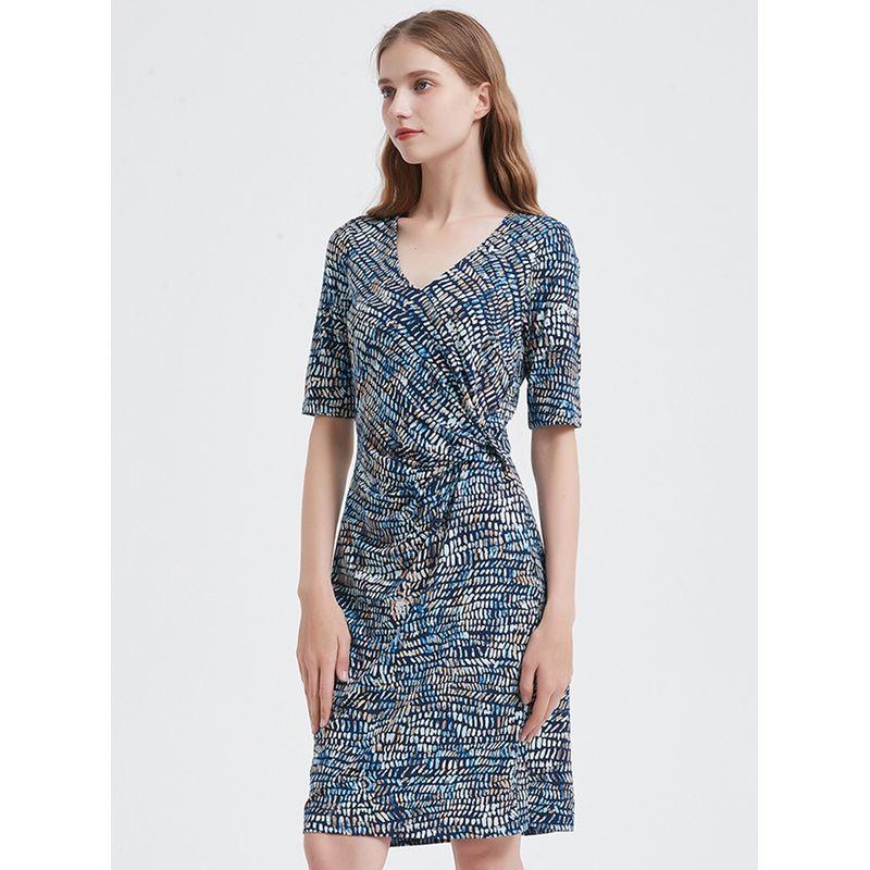 

Women s Wooden Tencel Half Sleeve Chubby Girl European and American Style Dress Classical blue 2XL