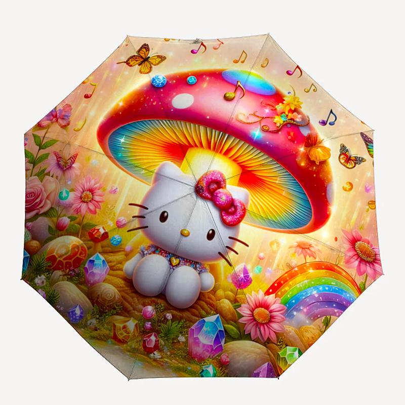 1pc Hello Kitty Mushroom Automatic Opening Folding Umbrella - Portable 3-Fold Design with Iron Frame, Outdoor for Fans, Travelers, Everyday Use, Festi