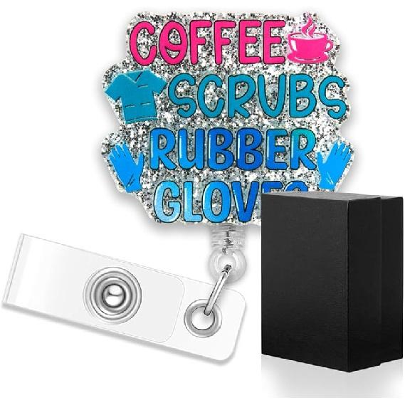 ERHACHAIJIA Coffee Scrubs Rubber Gloves Funny Retractable Badge Reel Gift for Nurse Doctor Medical Assistant Nursing Student (Black)