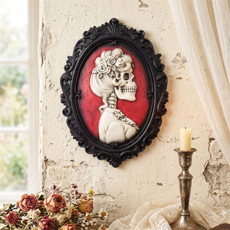 Skeleton Wall Art Decors Gallery Wall Plaque with Skull Portrait, Black Frame and Raised Relief Form for Entryway Accent or Bedroom Hanging Display