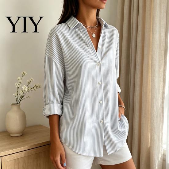 Women Collared Shirts Striped Shirt for Summer Autumn, Button Down Single Machine Washable Breasted Blouse, Dressy Casual Long Sleeve Top Breathable
