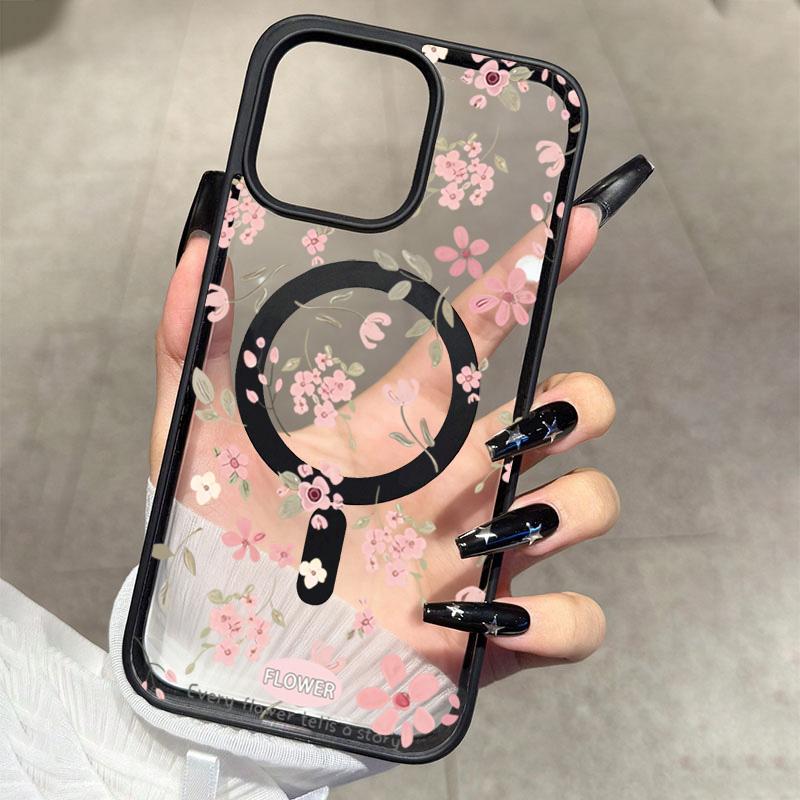 Small Pink Flowers Design Magnetic Phone Case For iPhone 17 Pro Max Cases iPhone 16 Plus 15 14 13 12 11 Air 17 Transparent Cover