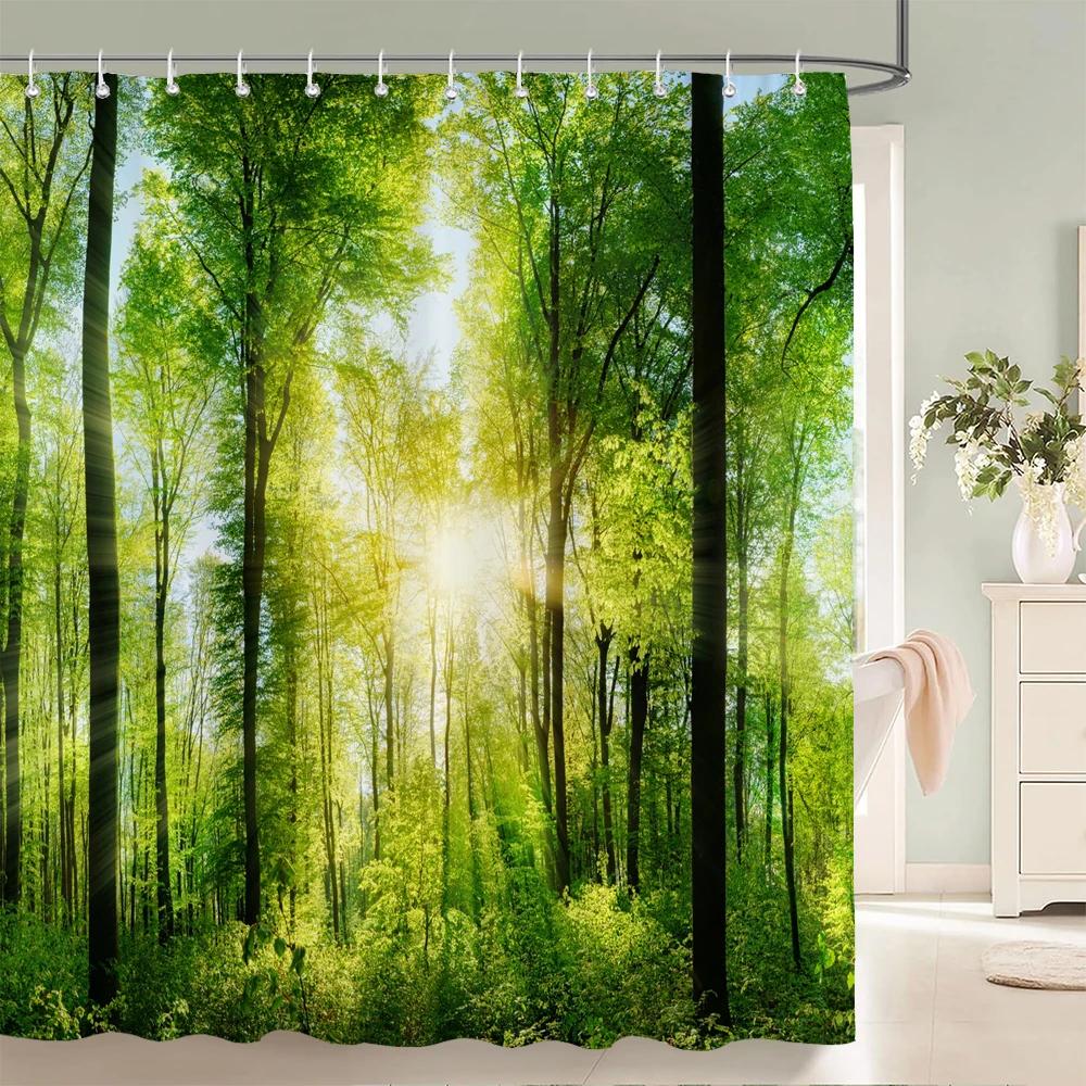 Forest Scenery Printed Fabric Shower Curtains Autumn leaves Tree leaf Bath Screen Waterproof Products Bathroom Decor with Hooks