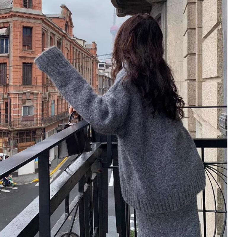 Autumn Winter V-neck Loose Pullover Sweater Set Knitted Elegant Skirts Women Casual Two-piece Set Fashion Outfit Simple Solid Color Office Clothing